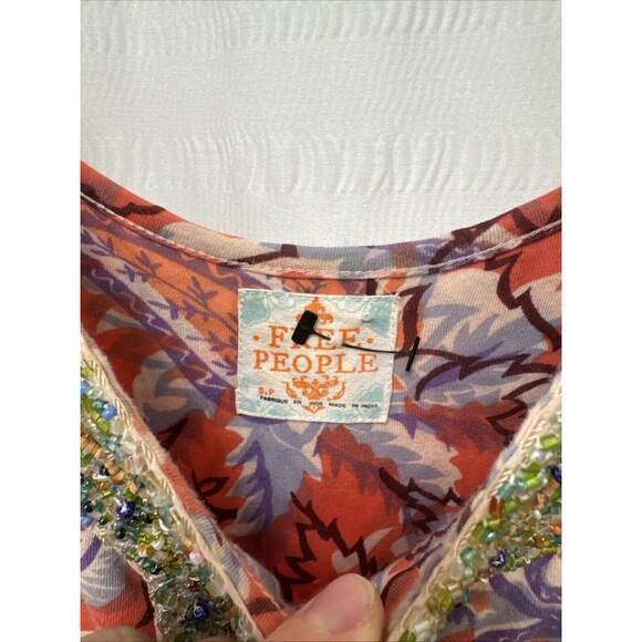 Free People Dress Womens Small Paisley Beaded Tiered Spaghetti Strap Mini Boho - Picture 3 of 7